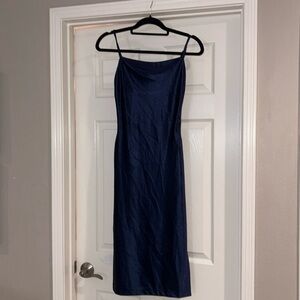 navy satin mid length dress